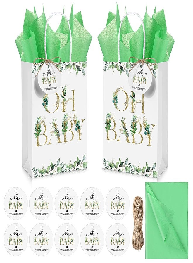 PerKoop 50 Sets Greenery Baby Shower Favor Bags Bundle with 50 Green Tissue Paper 50 Tags 1 Rope Baby Shower Thank You Gift Bags with Handles for Guests Gender Reveal Treat Goodies Party Favor - Image 1